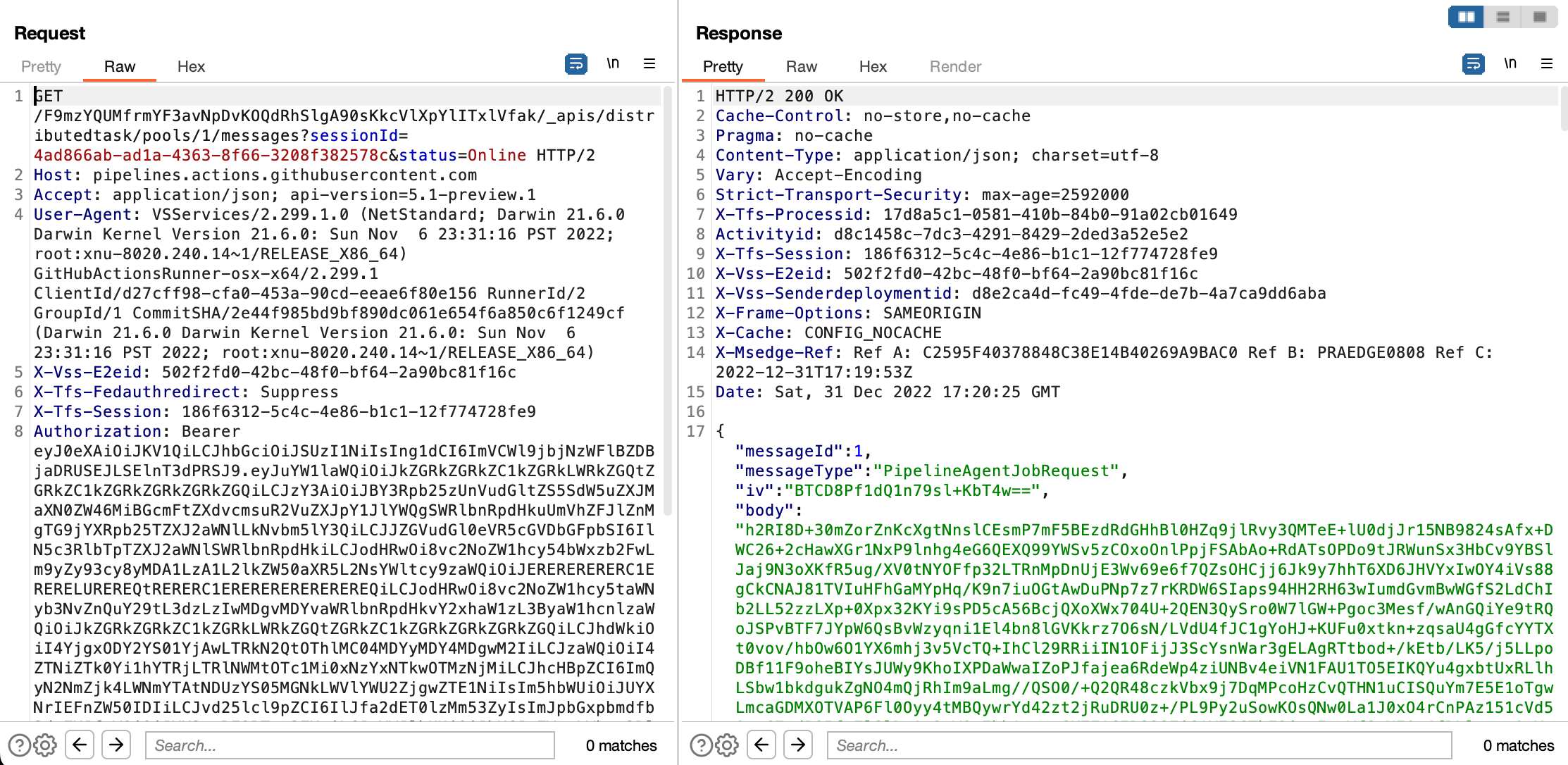 A screenshot of Burp Suite showing a response to the messages request. The response includes an "iv" value and an encrypted "body" value.