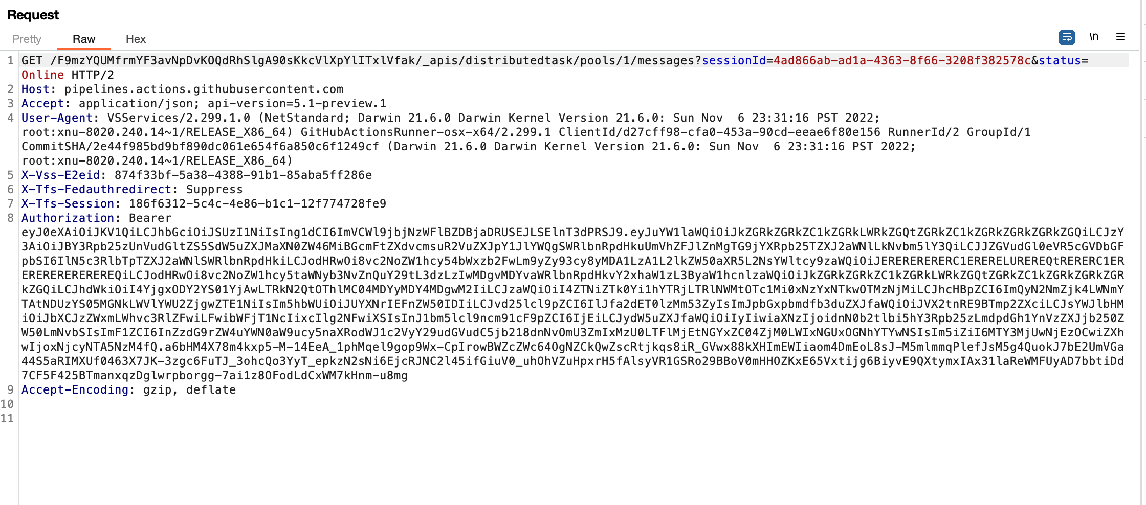 A screenshot of Burp Suite showing a request to a messages endpoint.