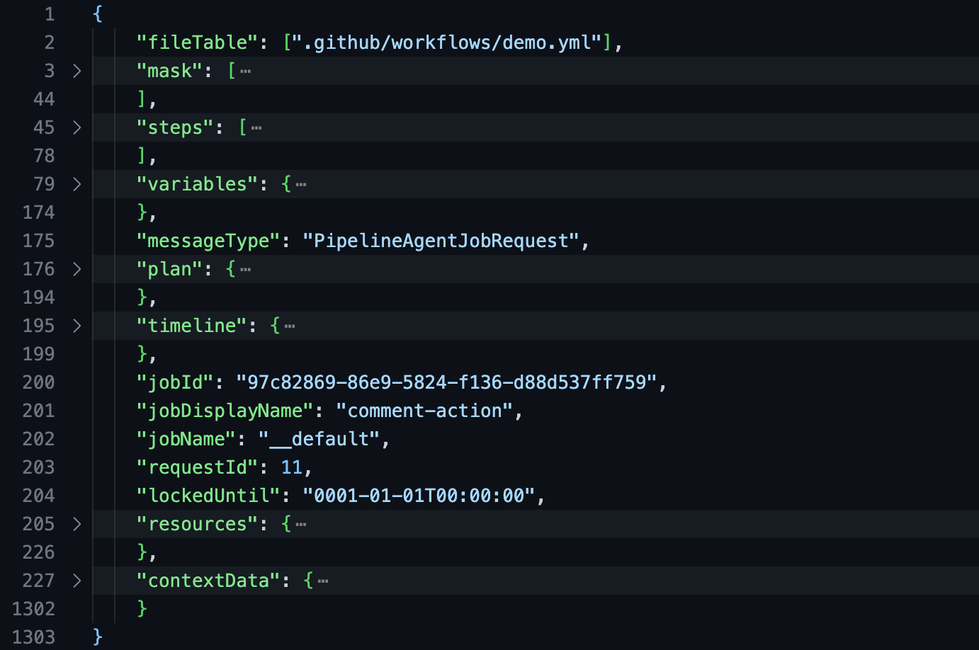 A screenshot of the collapsed JSON, showing fields like "fileTable", "mask", "steps", "variables", "timeline", "resources", and more.