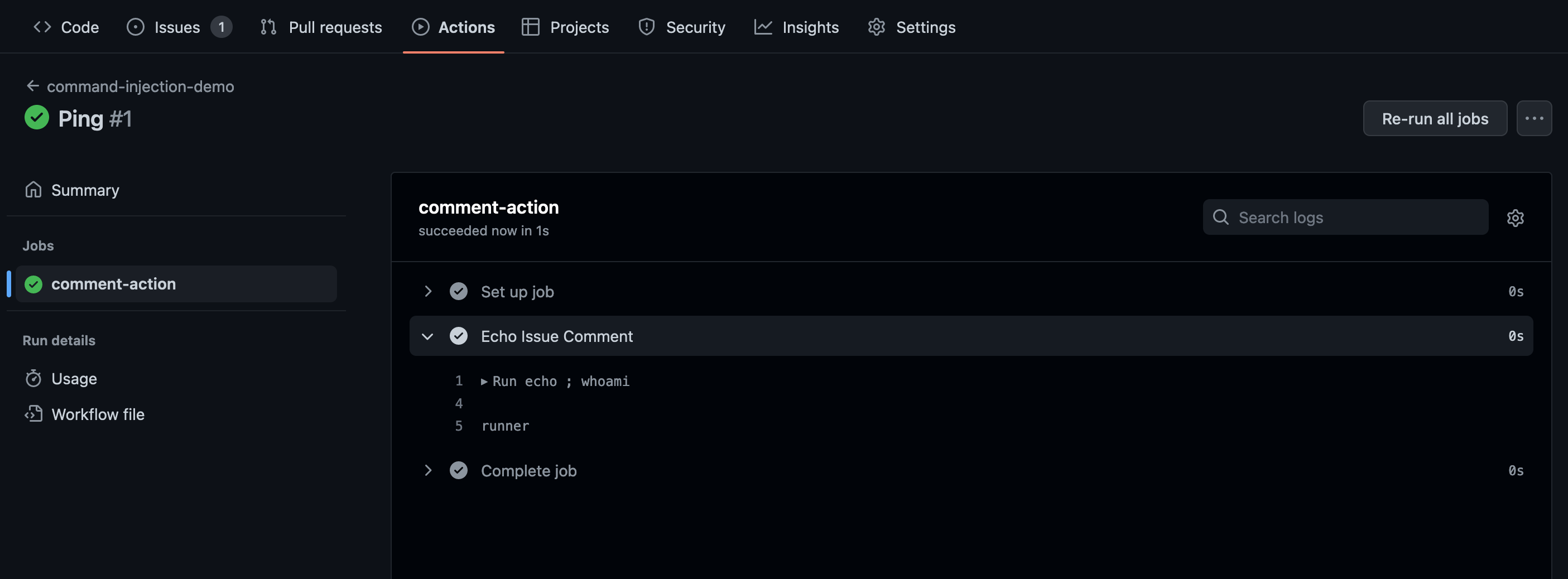 Screenshot of a build log showing "runner"—result of running whoami