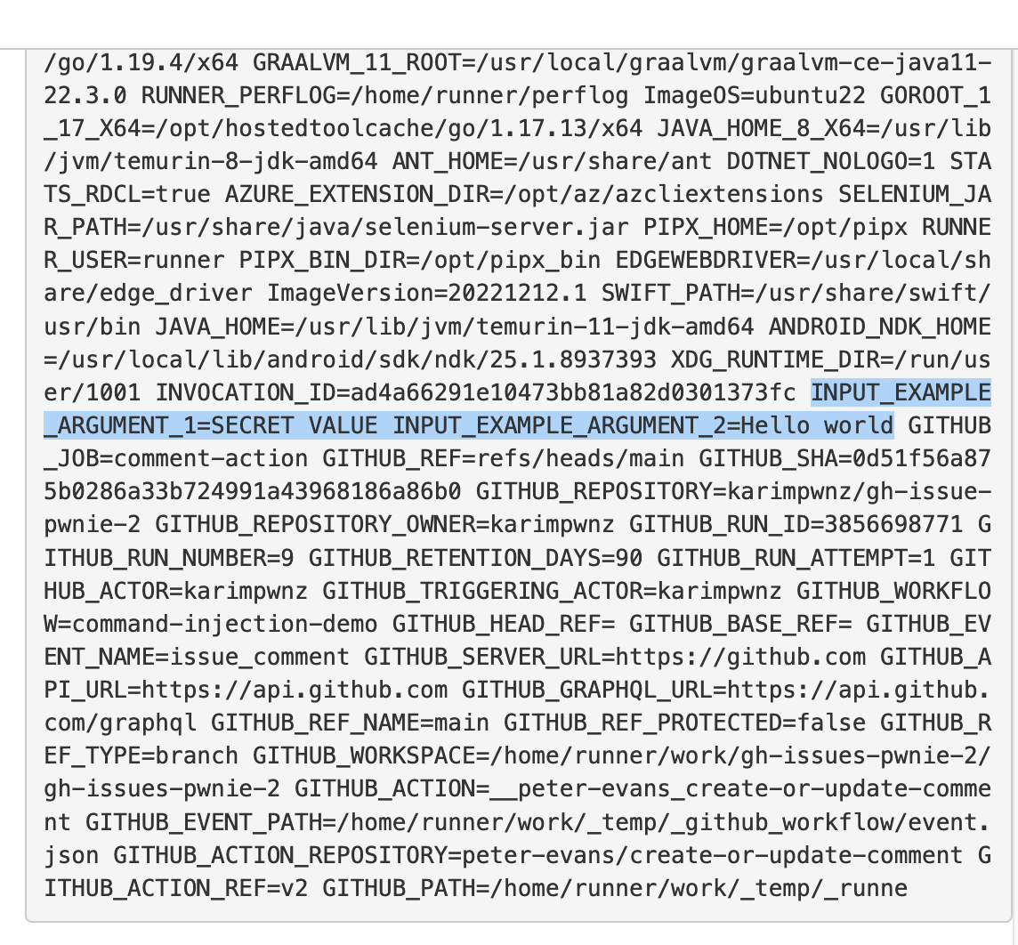 Screenshot of the dumped environment variables. "INPUT_EXAMPLE_ARGUMENT_1=SECRET VALUE" is highlighted.