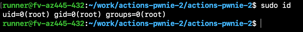 Screenshot of a shell showing the user is root after executing "sudo id".
