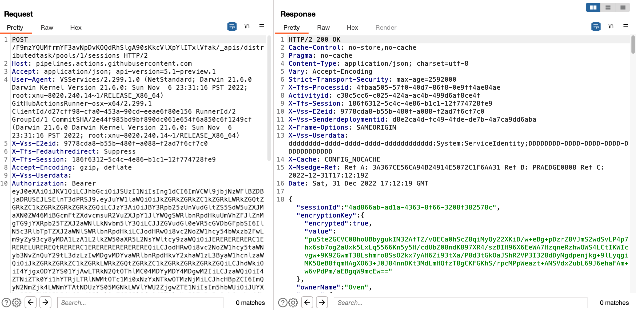 A screenshot of Burp Suite showing a request that responds with a session id and an encrypted encryption key.