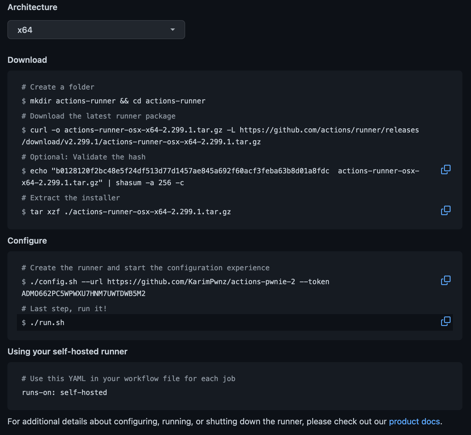 An instructions page for configuring the self-hosted runner. The steps include installing the actions code, confgiruing it, and running it.